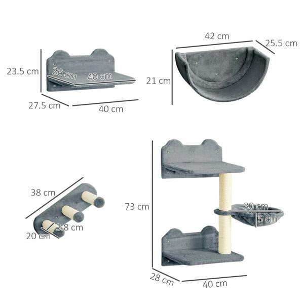 Grey wall-mounted cat shelves and scratching posts with hammock, size diagram