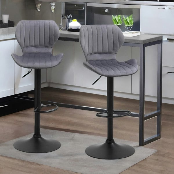 Rafaelo Mobilia Grey Retro Velvet Bar Stools Set Of 2 With Adjustable Height & Swivel