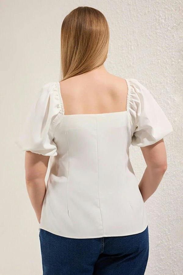 WOVCOR Square Neck Balloon Sleeve Button Detail Woven Plus Size Blouse