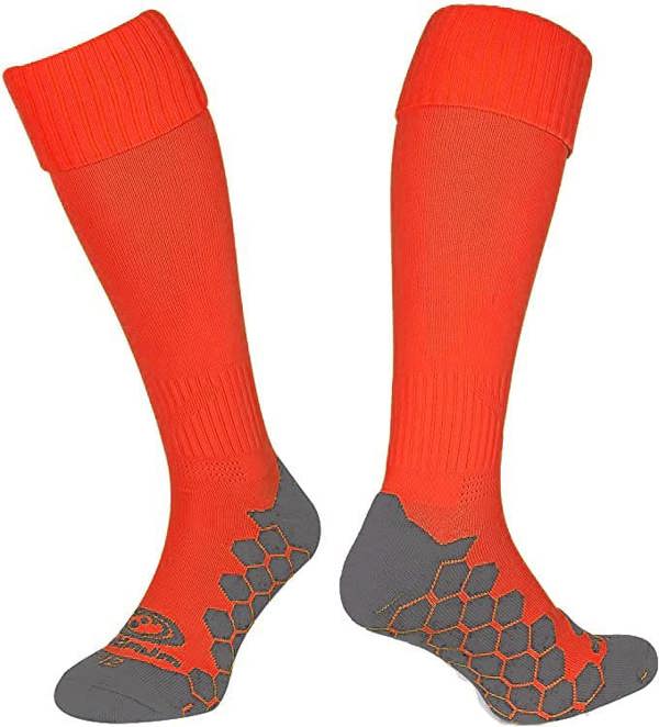 Pair of red Optimum Classico knee-length football socks with grey grip sole, front and back, on white - Optimum