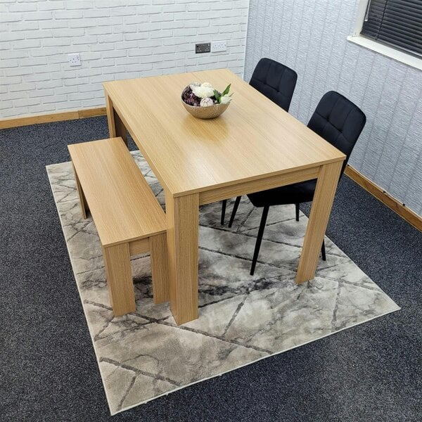 KOSY KOALA 4 Seater Modern Light Wood Dining Table Set with 2 Black Velvet Chairs and Bench H75 x L140 x W80 cm