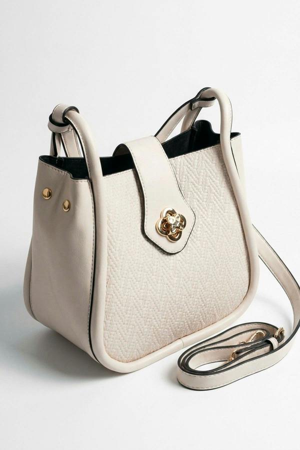 Cordelia Woven Panel Shoulder Bag - Beige