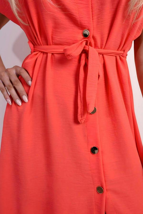 Annie Collared Button Down Short Sleeve Tie Waist Midi Dress - Coral