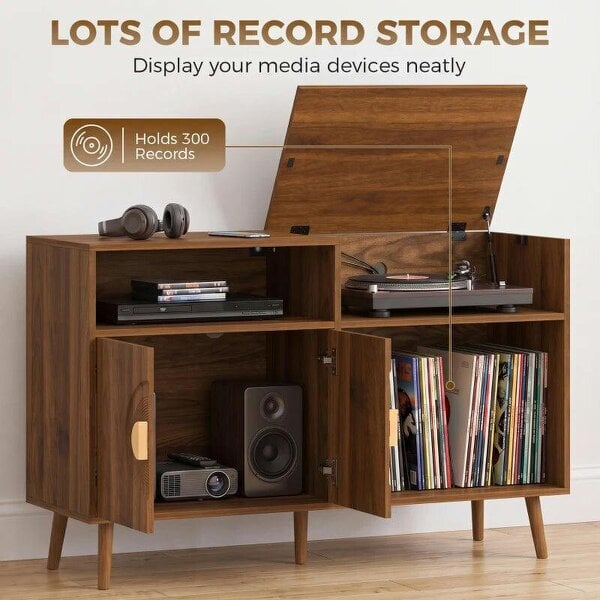 Bobobiy Record Player Stand, Vinyl Record Holder with Storage Holds Up to 300 Albums with Flip-Top Compartment, Walnut