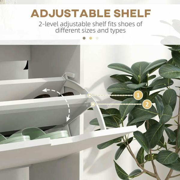 White shoe cabinet interior with adjustable shelf positions for different shoe sizes