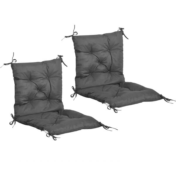Set of two dark grey outdoor seat cushions with tufted back and attached ties