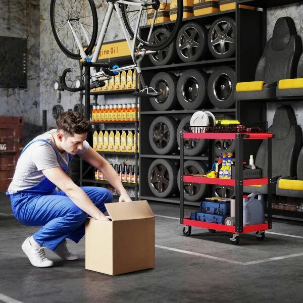 Bobobiy Tool Utility Cart Heavy Duty Tool Trolley Rolling with Brake Swivel Castors 3 Shelves Black Red
