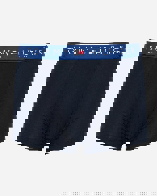 studio shot of Tommy Hilfiger 3 Pack Mens Waistband Trunks in Black, with Blue waistband