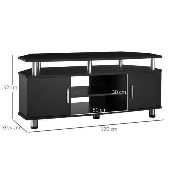 Black TV cabinet with two cupboards, open center shelf, and 120 cm wide frame