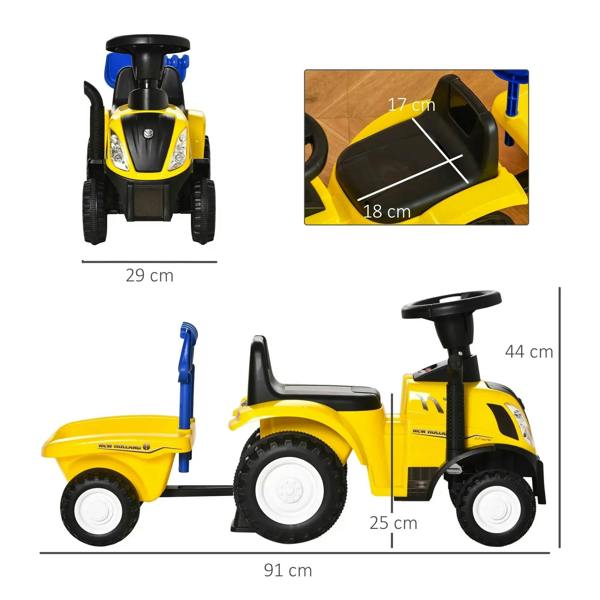 Yellow ride-on tractor walker with black seat and blue steering handle, multiple views