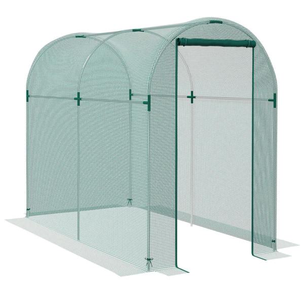 Mini polytunnel greenhouse with green frame and zip door panels