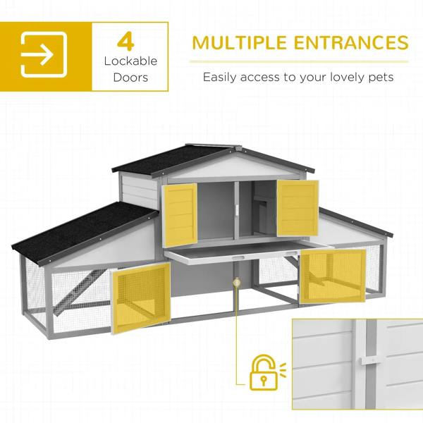 Light grey rabbit hutch with multiple entry doors and hinged access panels