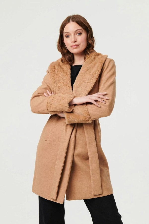 Beige | Faux Fur Trim Tie Waist Longline Coat
