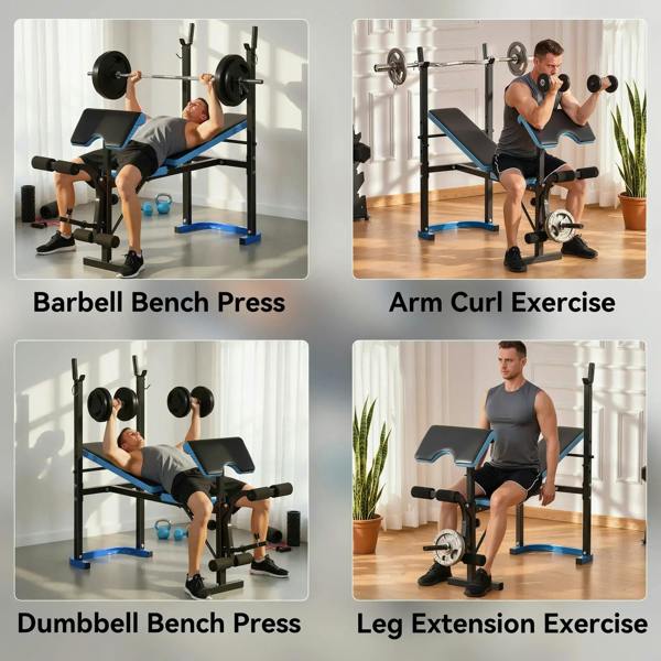 Adjustable weight bench with black-and-blue pads and barbell rack for lifting exercises