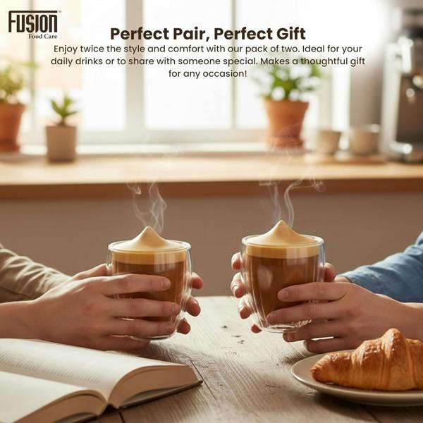 Fusion Food Care Double Walled Glass Coffee Mugs 2x350ml - Coffee Glass Cups for Hot & Cold Drinks - Striped Latte Mugs