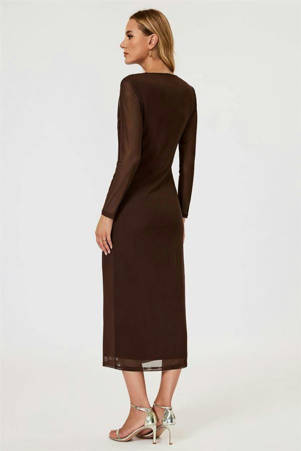 FS Collection Long Sleeves Mesh Midi Dress In Brown