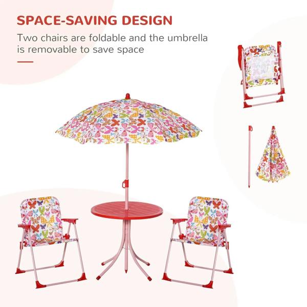 Kids outdoor bistro set with butterfly umbrella and two foldable chairs in compact layout