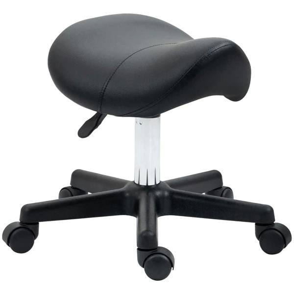 Black saddle stool with padded PU seat, chrome stem, and rolling five-star base