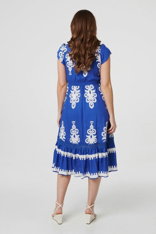 Blue | Ikat Print Cap Sleeve Lace Midi Dress
