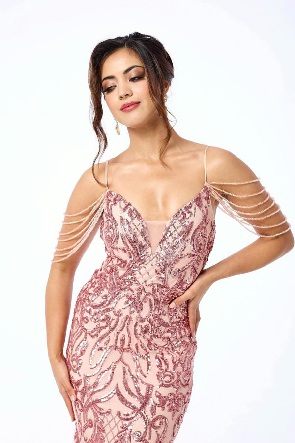 LuvForever Enora - Pink Jewelled Shoulder Sequin Maxi Dress