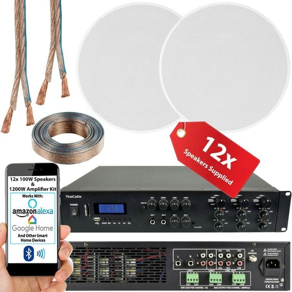 1200W Loud Bluetooth Sound System 12x 100W Slim Ceiling Speaker 6 Zone Amplifier