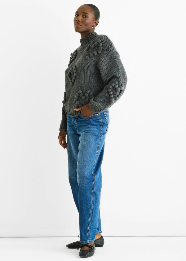 Gini London Dark Grey Heart Bubble Chunky Knit High Neck Jumper