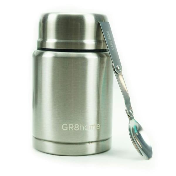 Gr8 Home Stainless Steel Food Flask 500ml Vacuum Insulated Thermal Jar With Spoon Silver
