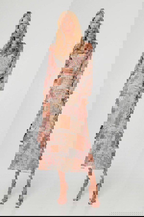 Rust | Patchwork Tie Long Sleeve Maxi Dress
