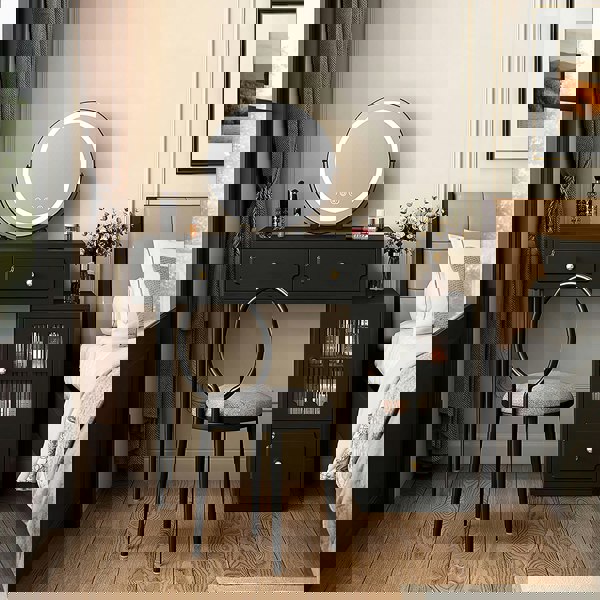 Scarlett Dressing Table With Side Cabinet & LED Mirror, Black-Weilai Concept-Weilai Concept