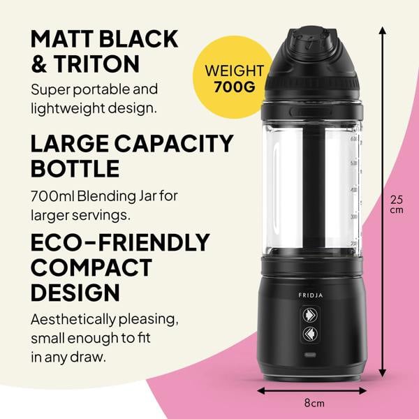 The Fridja Kitchen Trio – f500 Portable Blender in sleek black features a 700ml clear jar, weighs 700g, measures 25x8cm, and boasts a large capacity with an eco-friendly compact design—ideal for healthy blending on the go.