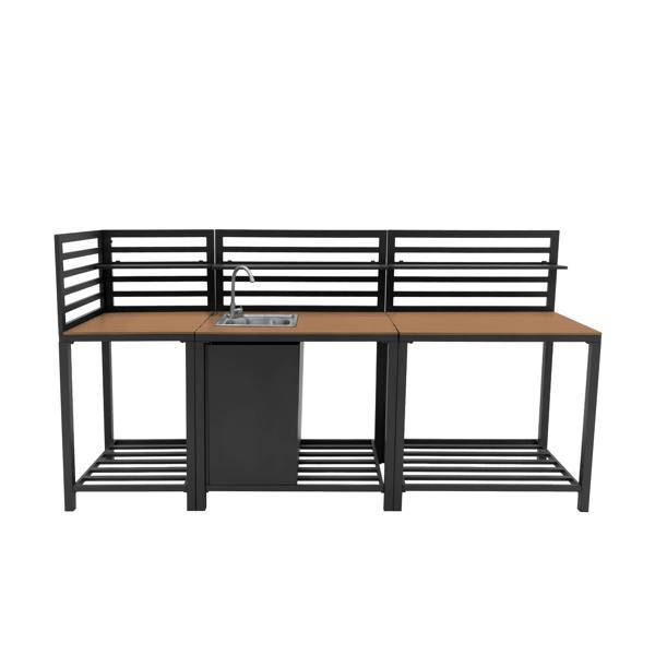 Aluminium and wood outdoor kitchen set with three pieces, featuring a sleek black frame, slatted design, and integrated sink