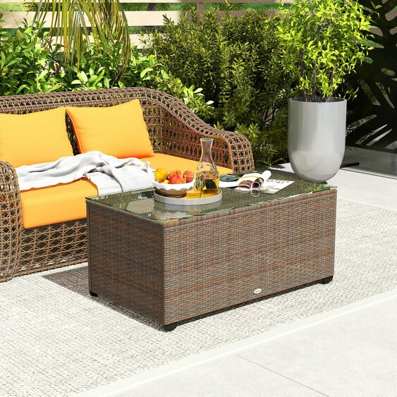 Outsunny Outdoor Coffee Table, Glass Top Rattan Side Table, Brown - Brown