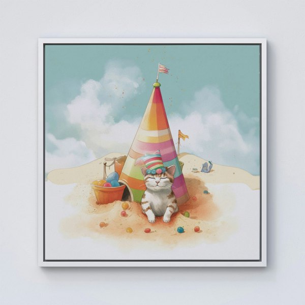 Warren Reed Cat On A Beach Holiday Framed Canvas