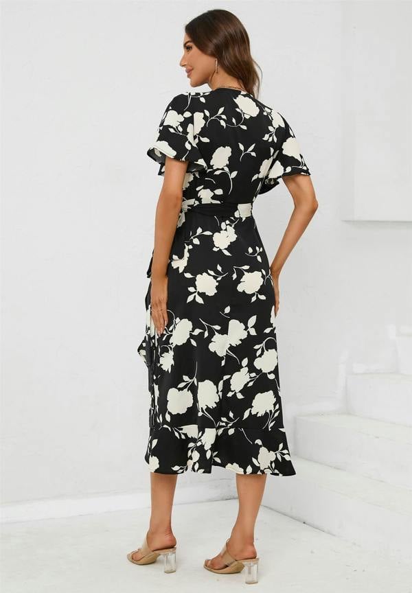 FS Collection Angel Sleeve Wrap Midi Dress In Black
