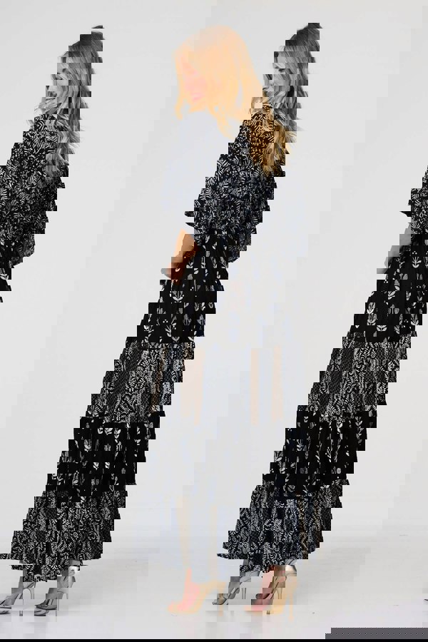 Black | Leaf Print 3/4 Kimono Sleeve Maxi Dress