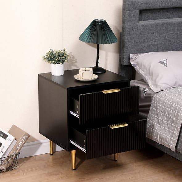 MMT Furniture Designs Bedside Table, 2 Drawers, White/Black with Gold Legs, 42cm Wide Chest