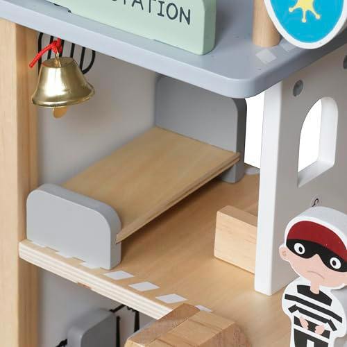 HYGRAD® Wooden Police Station Playset for Kids – Multilevel Pretend Play Toy Dollhouse, 3-Level with Figures, Car, Helicopter Pad, Prison Cell