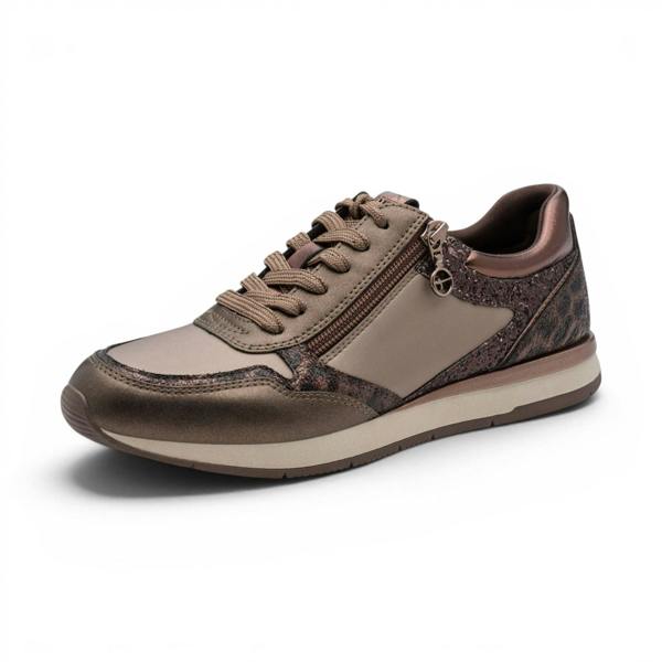 Tamaris Womens Taupe Faux Leather Fashion Lace Up Sneakers - 23613-46