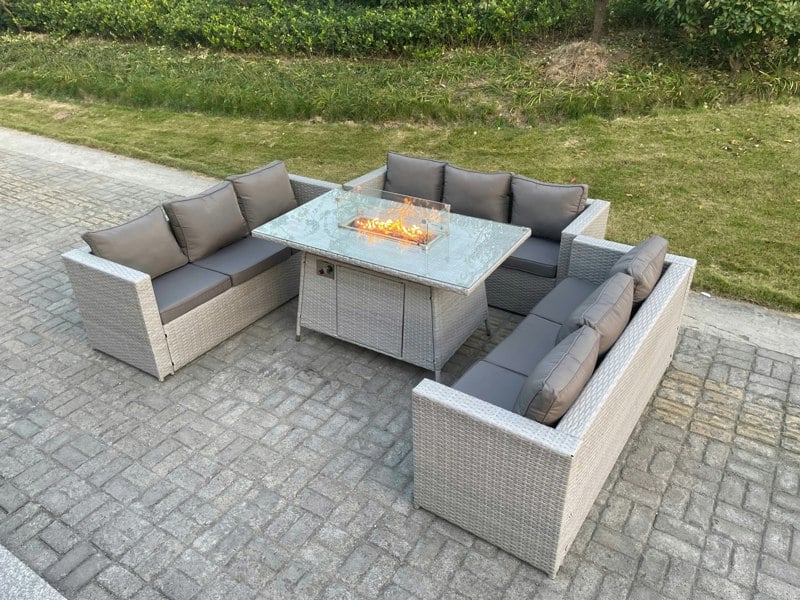 Fimous Light Grey U Shape Lounge Sofa Dining Set With Gas Fire Pit Dining Table Garden Furniture Set Heater Burner
