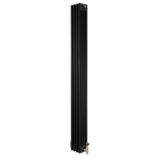 Traditional black 4 column radiator with a sleek vertical design, measuring 1800 x 200mm, featuring brass valves for efficient heating