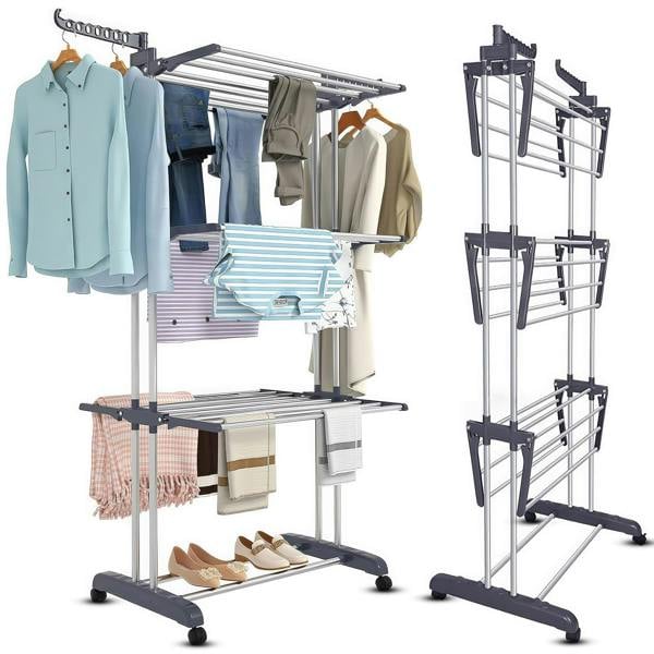 ADOV Airer Clothes Drying Rack, 4-Tier Foldable Stainless Steel Clothes Airer with Wheels and Side Wings