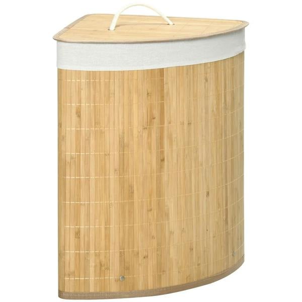 Bamboo laundry hamper with lid and curved handle, light natural wood finish.