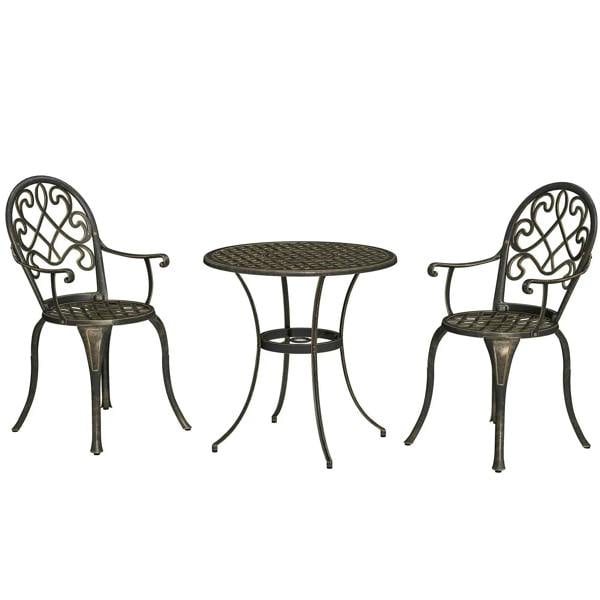 Bronze-tone aluminium garden set: 2 ornate chairs and round mesh table