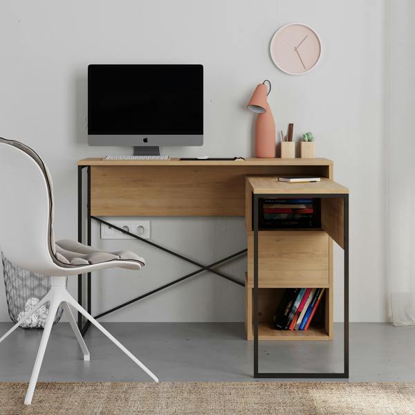 Decortie Modern Badau L-Shaped Computer Desk Metal Legs 3 Adjustable Storage Shelf Extra Table 110cm(W) Work PC Office