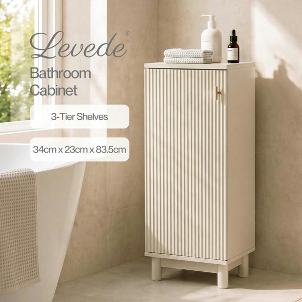 Levede Slim Bathroom Cabinet Tall Fluted Storage Cupboard Adjustable Shelf Cream