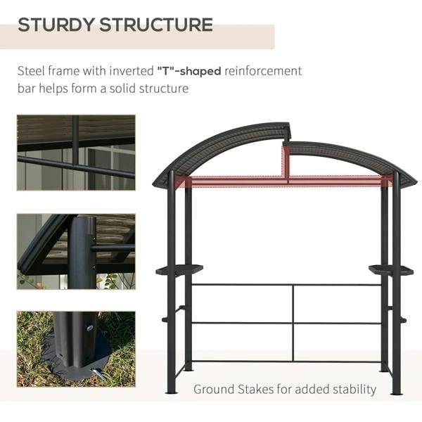 Steel frame grill gazebo with T-shaped reinforcement and ground stakes, dark grey