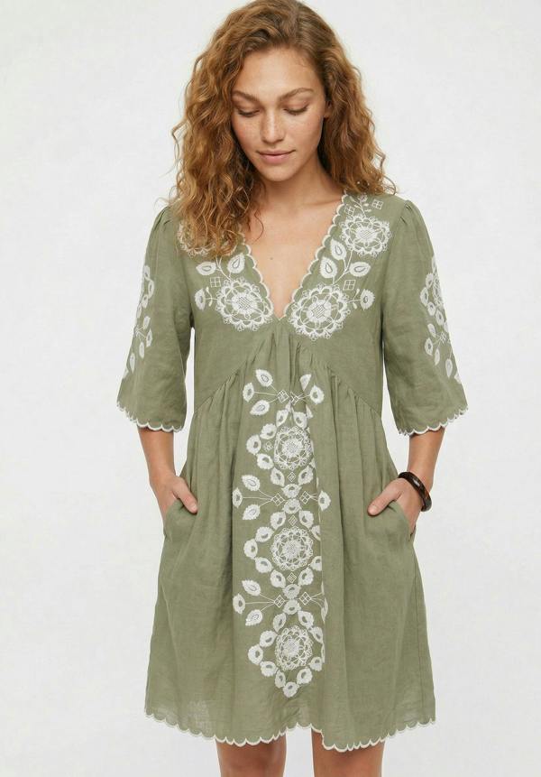 Raffya Arabella V- Neck Embroidered Mini Dress In Sage Green