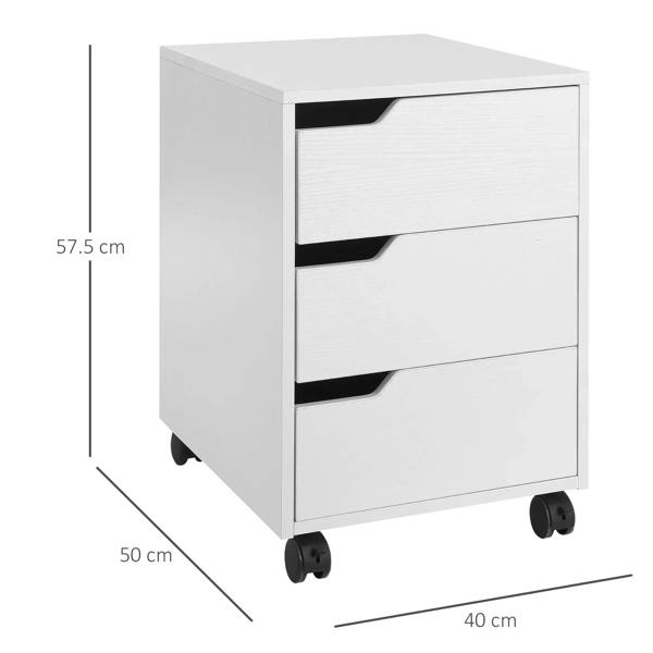 White 3-drawer mobile file cabinet on wheels with front size dimensions shown