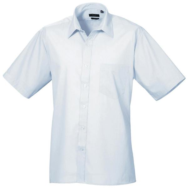 Premier Mens Short Sleeve Formal Poplin Plain Work Shirt - Light Blue