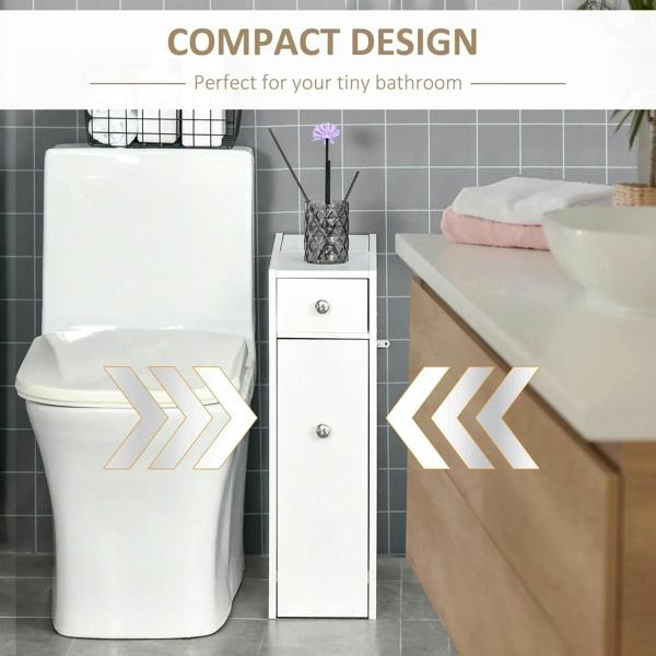 White slim bathroom floor cabinet with two drawers and silver round drawer pulls